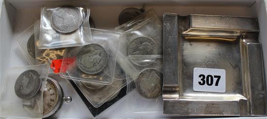 English silver and metal coinage, a pocket watch, a silver pendant and a silver ashtray